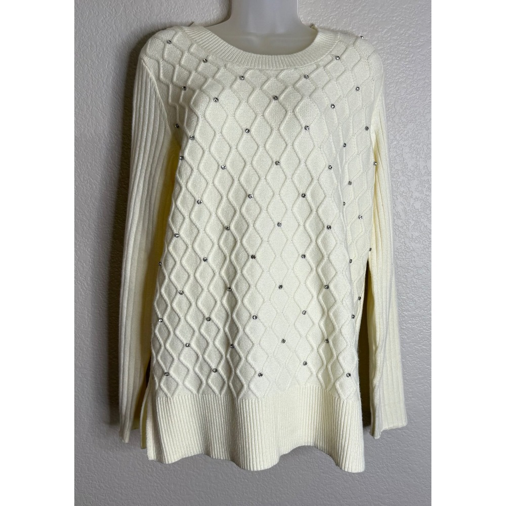 Susan Graver Medium Sweater Cream Rhinestone Diamond Cable Knit Slit‎ Hem NEW